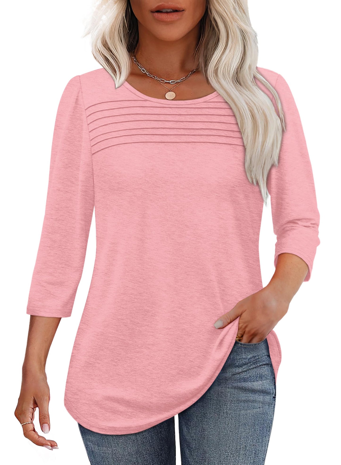 Women's three-quarter sleeve blouse with pleated front, round neckline, and rounded hem