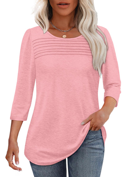 Women's three-quarter sleeve blouse with pleated front, round neckline, and rounded hem