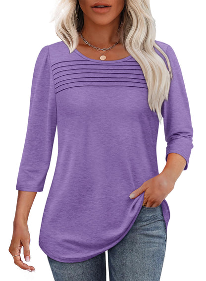 Women's three-quarter sleeve blouse with pleated front, round neckline, and rounded hem