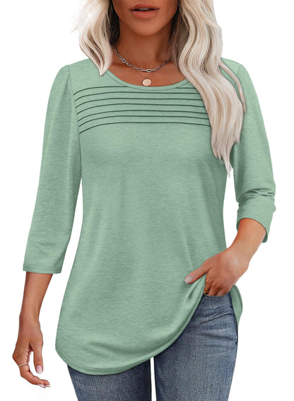 Women's three-quarter sleeve blouse with pleated front, round neckline, and rounded hem