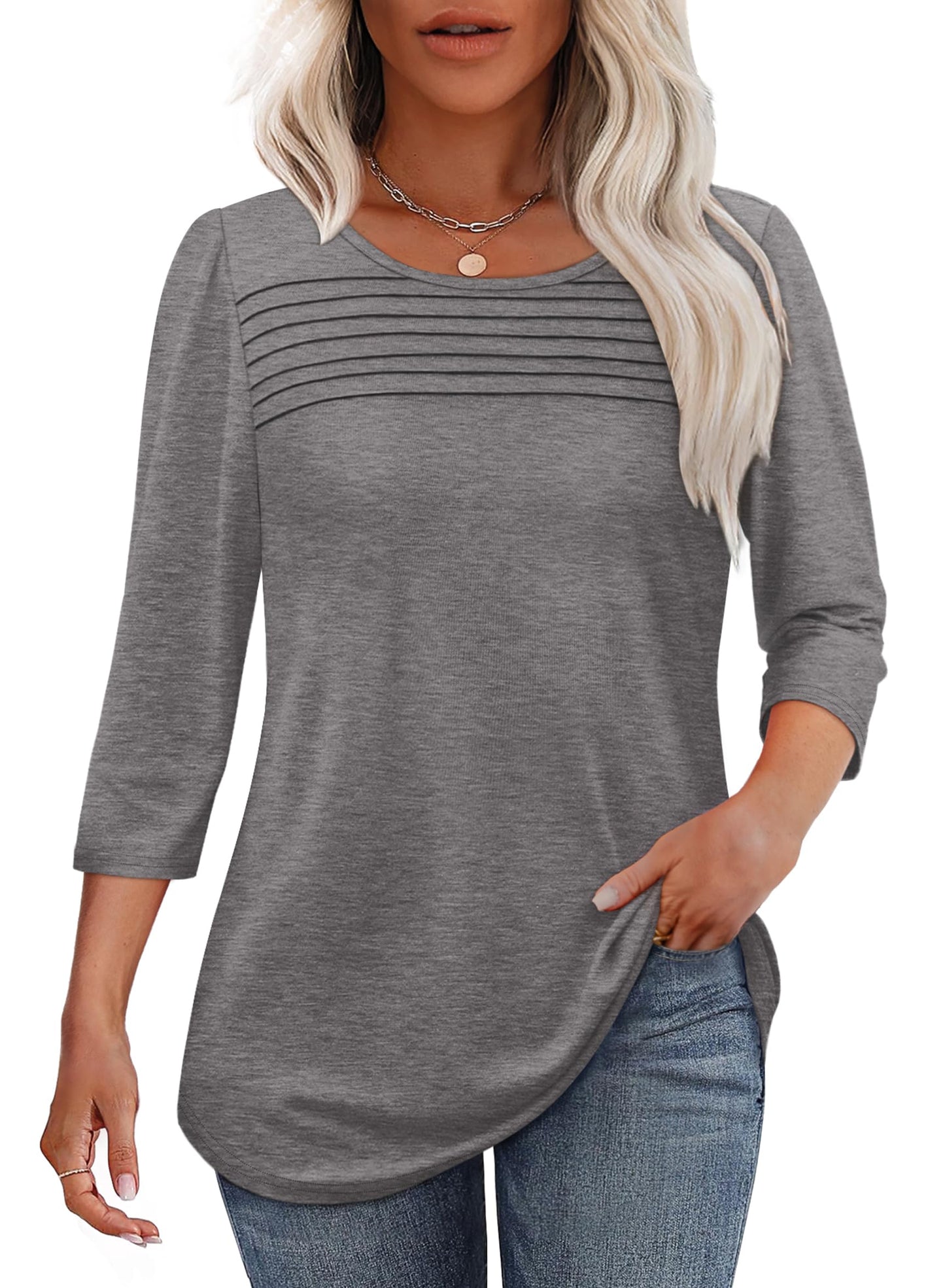 Women's three-quarter sleeve blouse with pleated front, round neckline, and rounded hem