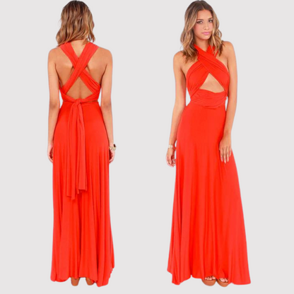 Frau in langem, rotem Abendkleid mit Kreuzträgern und Rückenausschnitt, Vorder- und Rückansicht. Elegantes Damenmode-Design.
