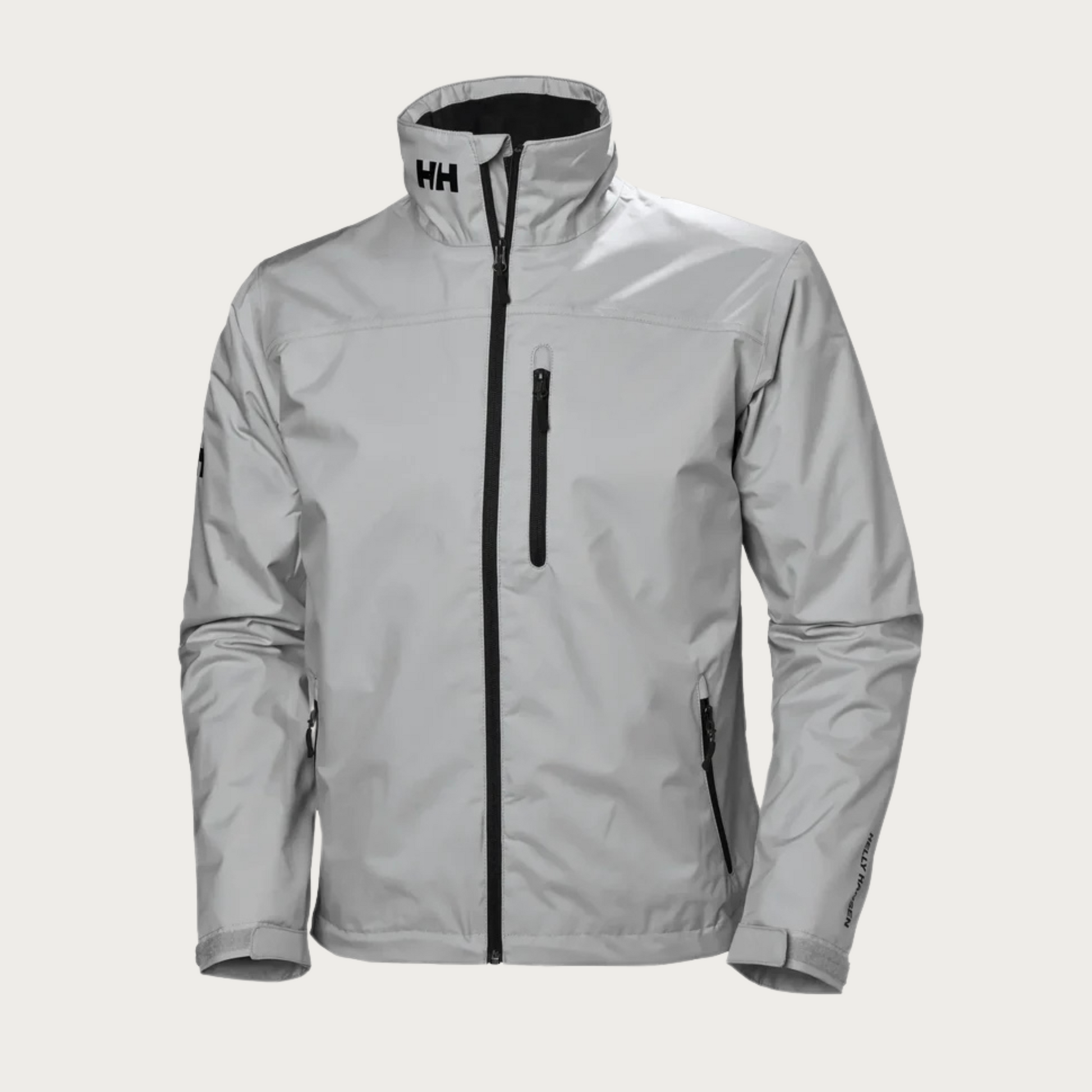 Graue Helly Hansen Herrenjacke, wasserdicht, mit Reißverschlusstaschen und hohem Kragen. Outdoor-Bekleidung, ideal für Wandern und Regenwetter.