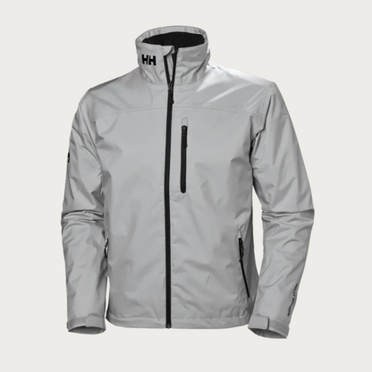 Graue Helly Hansen Herrenjacke, wasserdicht, mit Reißverschlusstaschen und hohem Kragen. Outdoor-Bekleidung, ideal für Wandern und Regenwetter.