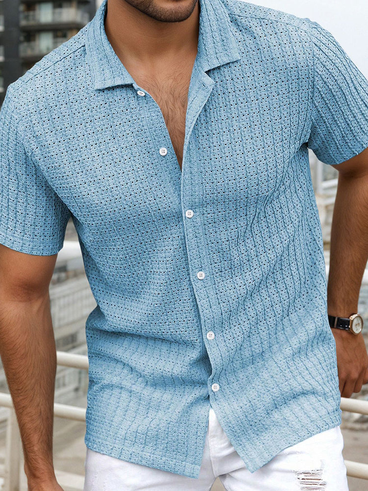 Herren Sommer Jacquard Strickhemd mit Kubanischem Kragen – Kurzarm Oversize Passform