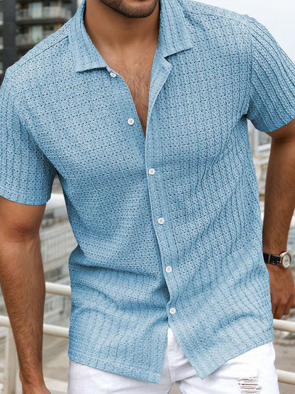 Herren Sommer Jacquard Strickhemd mit Kubanischem Kragen – Kurzarm Oversize Passform