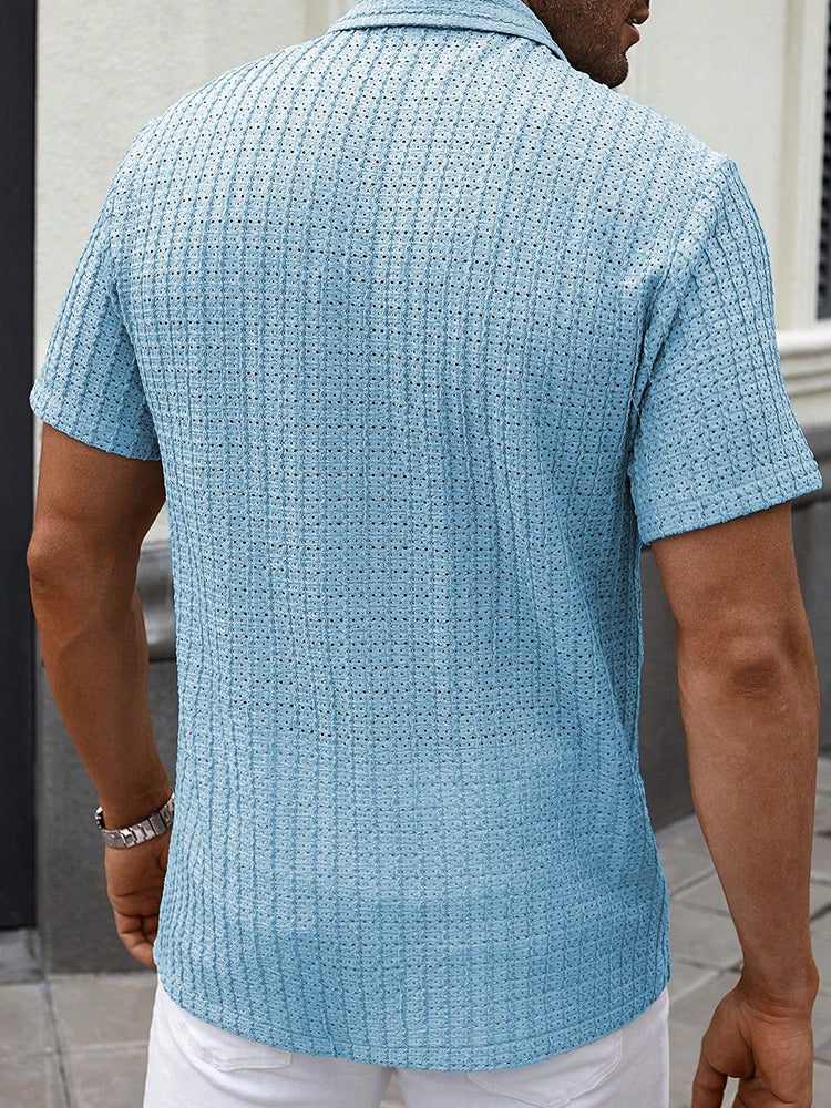 Herren Sommer Jacquard Strickhemd mit Kubanischem Kragen – Kurzarm Oversize Passform