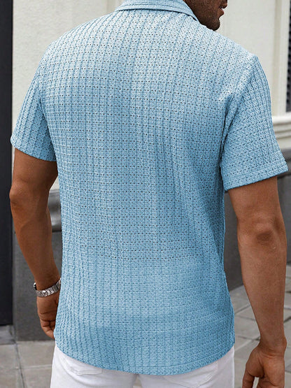 Herren Sommer Jacquard Strickhemd mit Kubanischem Kragen – Kurzarm Oversize Passform