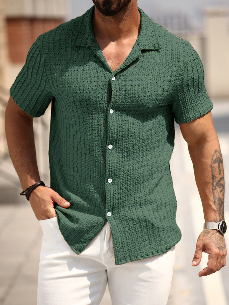 Herren Sommer Jacquard Strickhemd mit Kubanischem Kragen – Kurzarm Oversize Passform