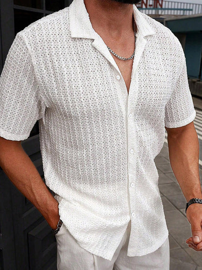 Herren Sommer Jacquard Strickhemd mit Kubanischem Kragen – Kurzarm Oversize Passform