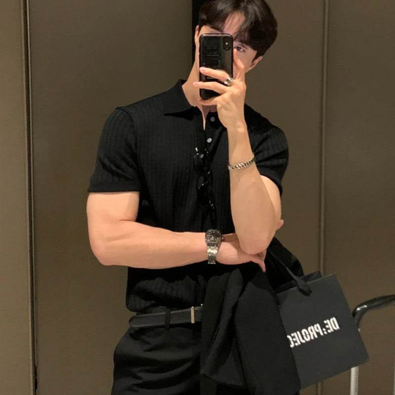 Men's summer knit polo shirt with stripe pattern and turn-down collar