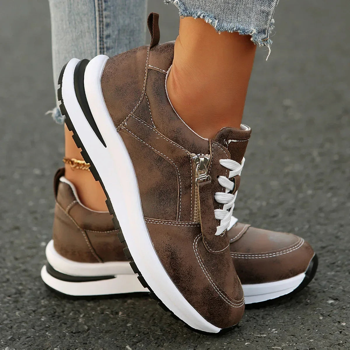 Damen Sneakers mit Plateau, Schnürung, seitlichem Reißverschluss und orthopädischer Sohle