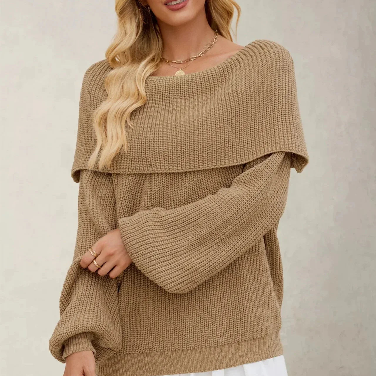 Women's Knit Sweater with Overlapping Collar and Wide Sleeves