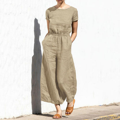 Women's summer jumpsuit with wide legs and round neckline, solid color design