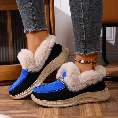 Damen Loafer Veganes Wildleder Orthopädische Plateausohle Kunstfellkragen mit Kettendetail
