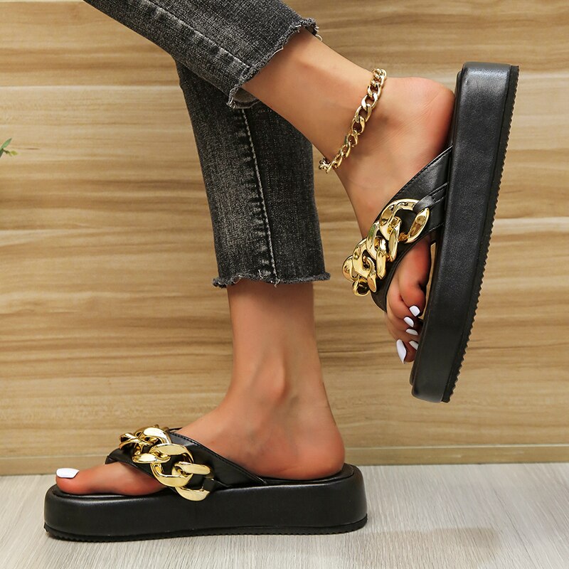 Damen-Slipper Mit Kettenverzierung, Runder Zehenpartie Und Flacher Sohle