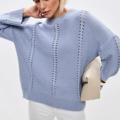 Women's Oversized Knit Sweater with Openwork Pattern, Crew Neck, Long Sleeves