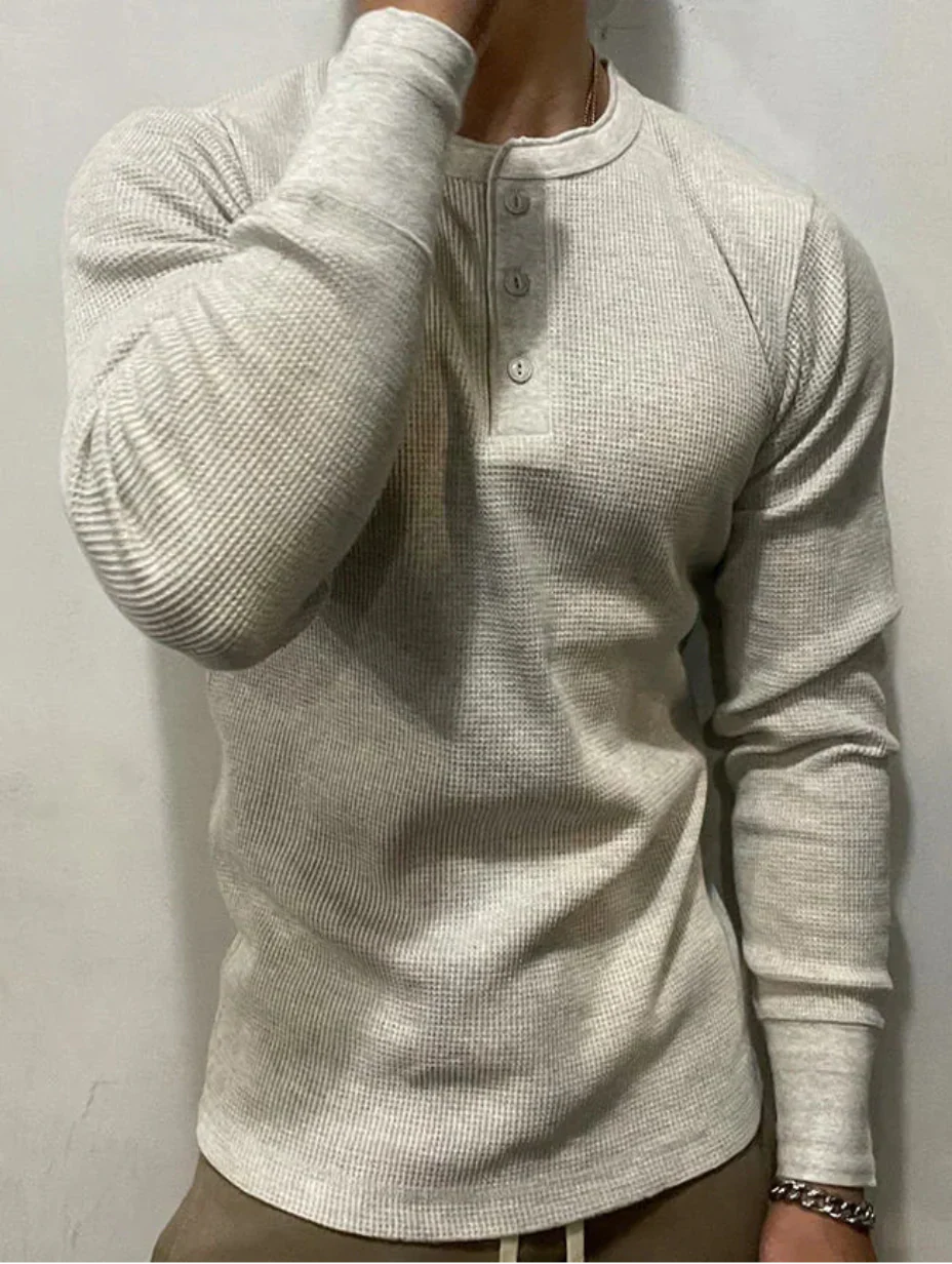 Herren Langarmshirt Slim Fit – Waffelstrick mit Henley-Kragen