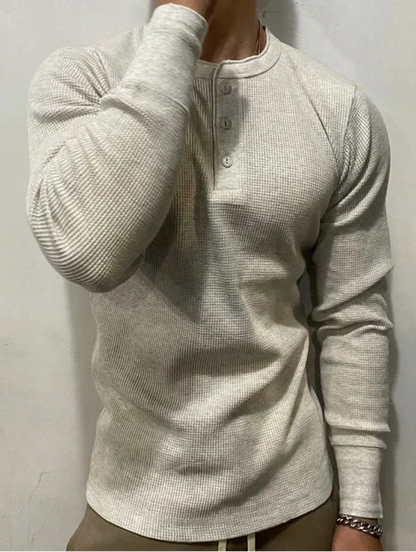 Herren Langarmshirt Slim Fit – Waffelstrick mit Henley-Kragen