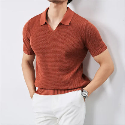 Men's Summer Knitted Polo Shirt with V-Neck, Elastic Waistband, and Breathable Fabric