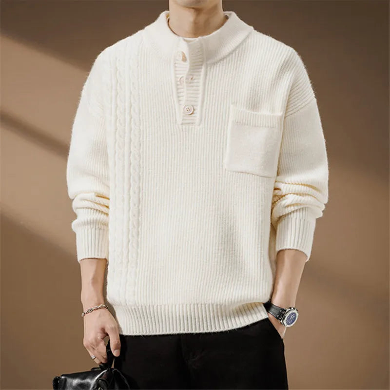 Men's knitted sweater with Henley collar, cable pattern, and chest pocket