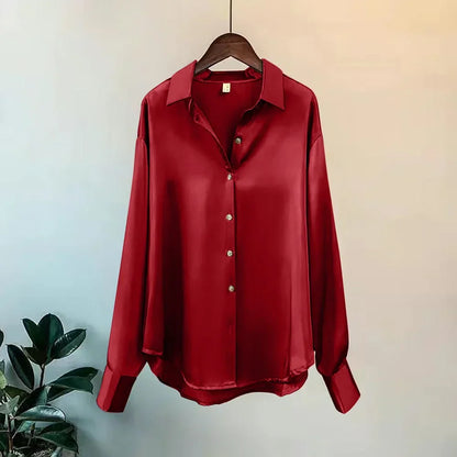 Women's satin blouse with button placket and cuffed sleeves
