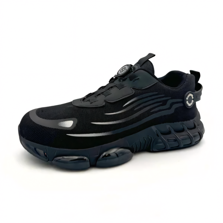 Schwarzer Sportschuh mit dicker Sohle und modernem Design, ideal für Laufen und Fitness. Bequeme Passform, atmungsaktives Material, trendiger Look.