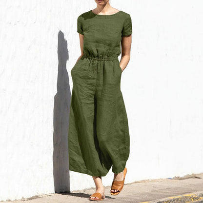 Women's summer jumpsuit with wide legs and round neckline, solid color design