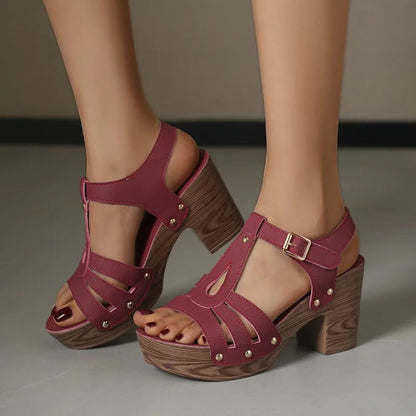 Women's Platform Sandals Open Toe Wood Look Studded Heel