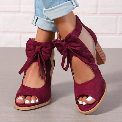 Damen-Sandalen Mit Absatz, Schleifendetail, Mesh-Einsätzen, Blockabsatz, Reißverschluss Hinten