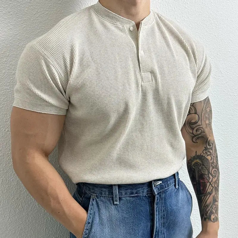 Herren Waffel Henley Shirt mit Stehkragen – Taillierte Passform