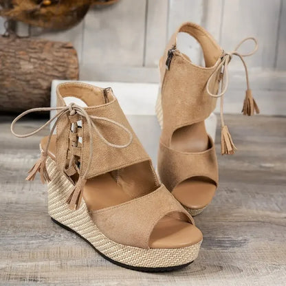 Damen Sommer-Wedges mit geflochtener Jute und Schnürung am Knöchel – Offene Zehen