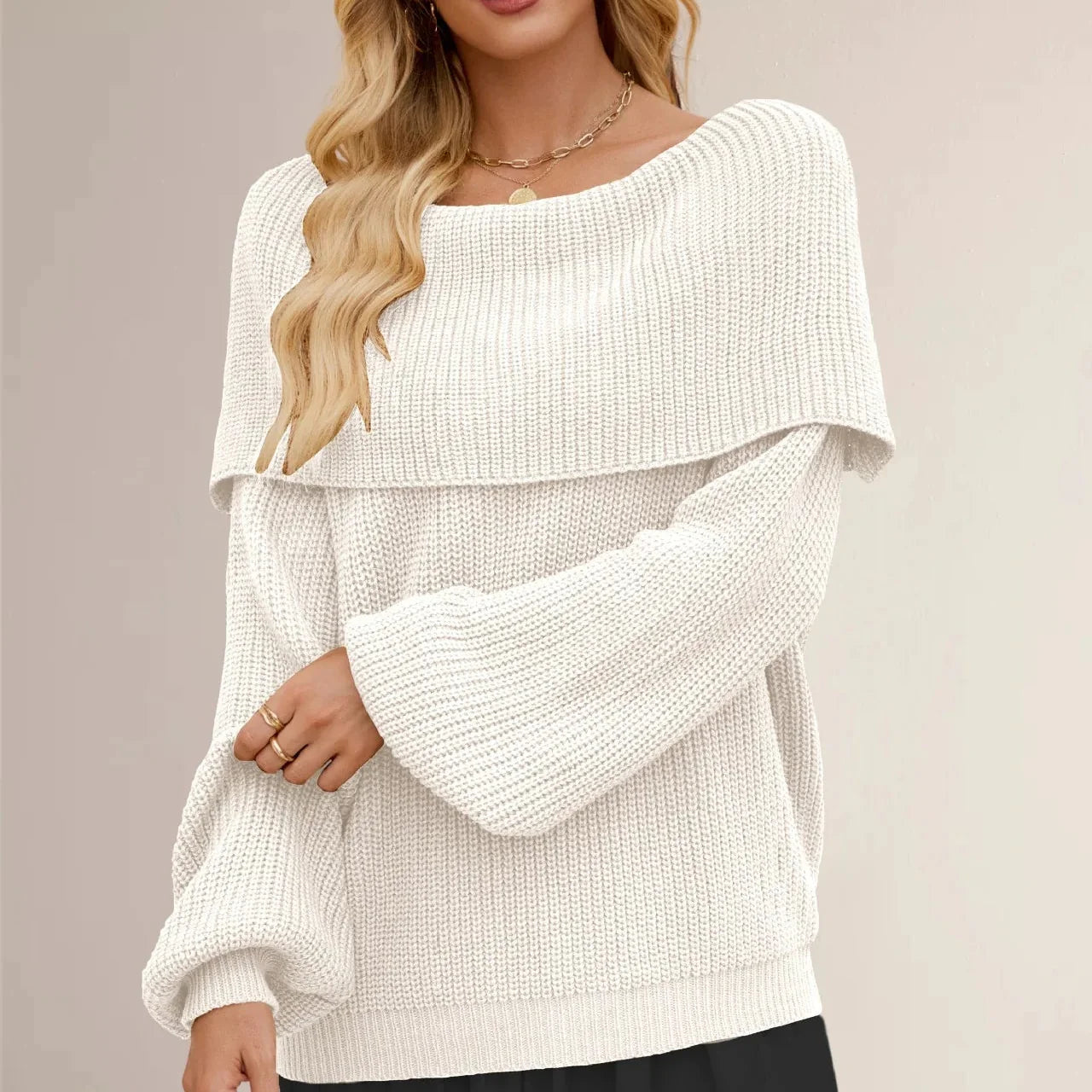 Women's Knit Sweater with Overlapping Collar and Wide Sleeves