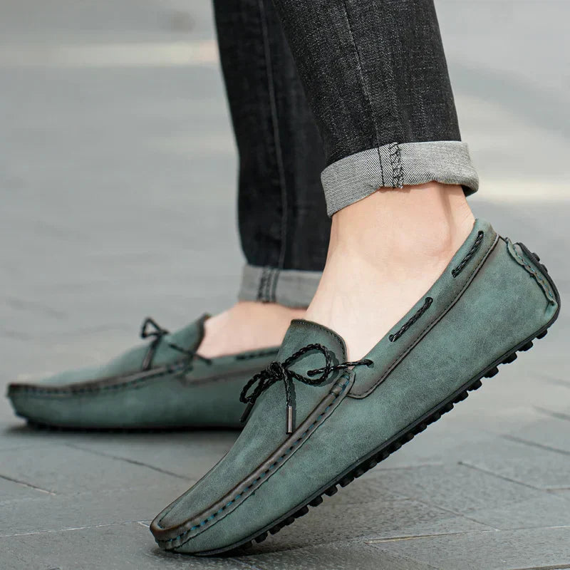 Men's Slip-On Shoes with Moccasin Stitching and Rubber Sole