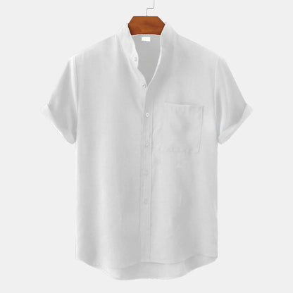 Men's summer shirt made of linen blend, short-sleeved, collarless, button placket