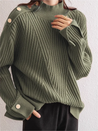 Women's Oversized Ribbed Sweater with High Collar and Button Detail