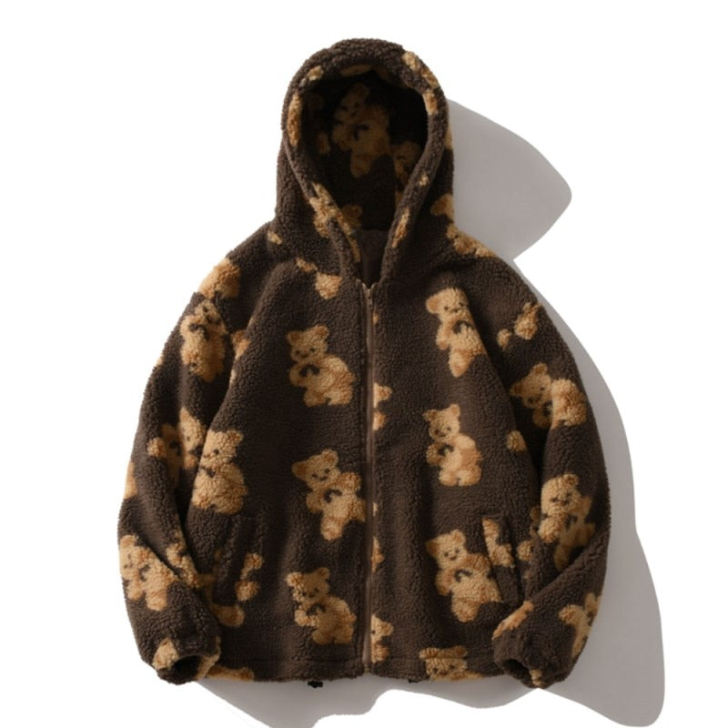 Damen-Plüschjacke mit Kapuze und Bärendruck, Vorderansicht