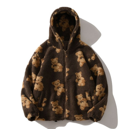 Damen-Plüschjacke mit Kapuze und Bärendruck, Vorderansicht