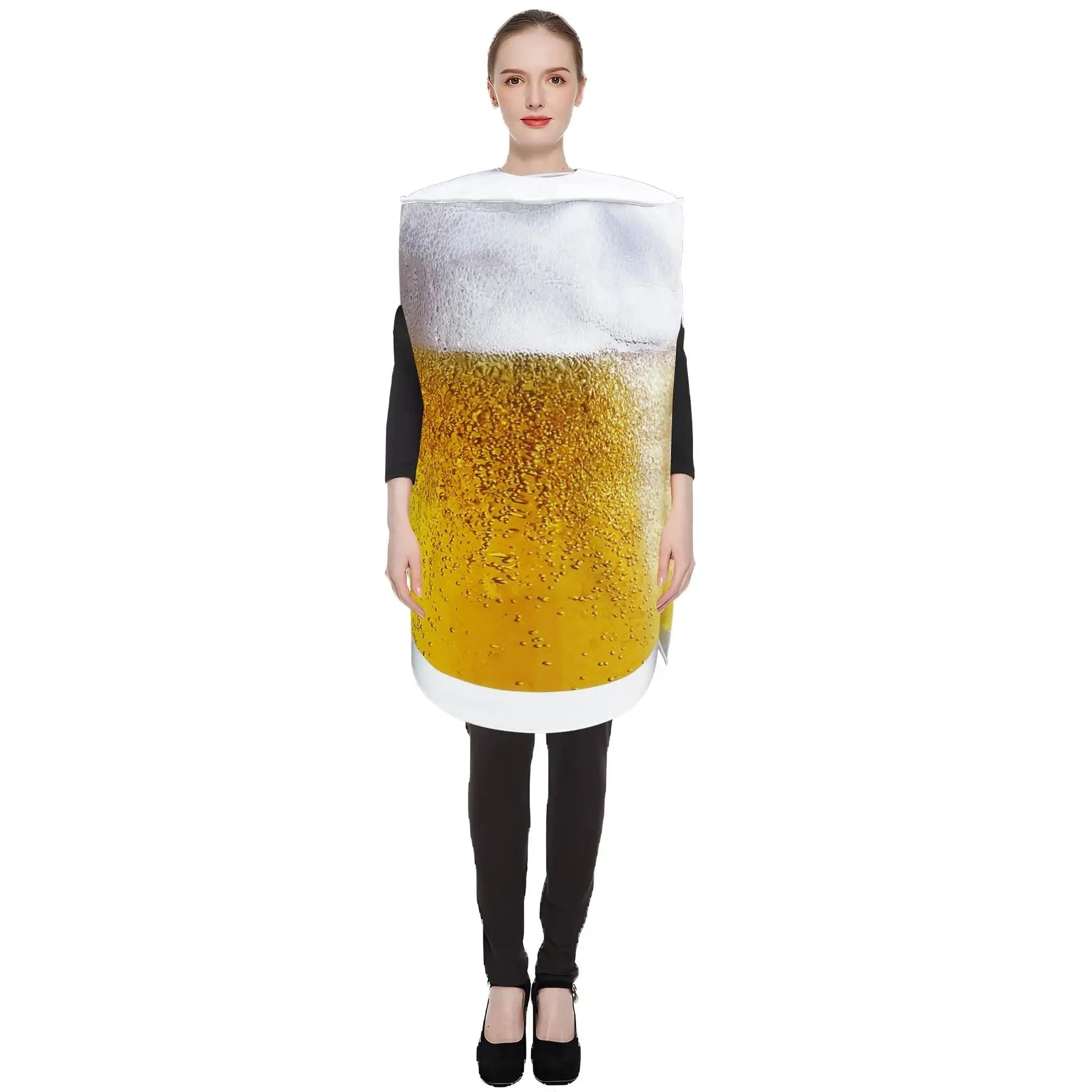 Frau im Bierglas-Kostüm, Schaumkrone, gelbes Bierdesign, Karneval, Verkleidung, lustiges Outfit, Party, Fasching, originelles Kostüm.