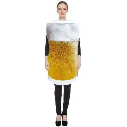 Frau im Bierglas-Kostüm, Schaumkrone, gelbes Bierdesign, Karneval, Verkleidung, lustiges Outfit, Party, Fasching, originelles Kostüm.