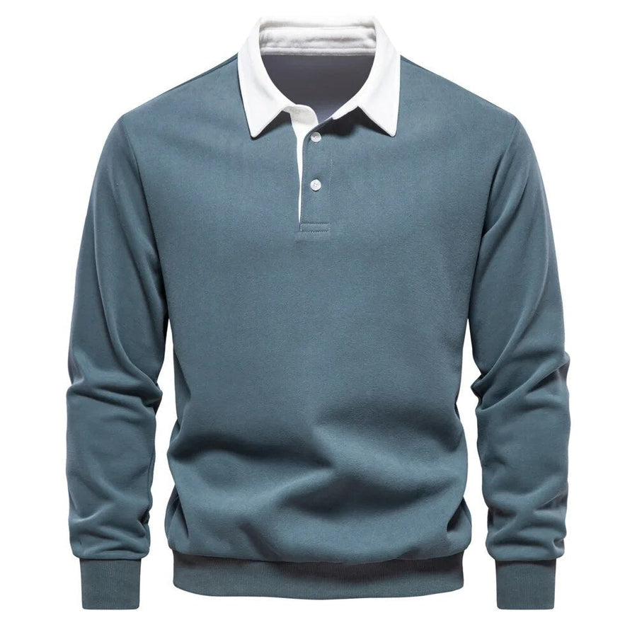 Blauer Herren-Pullover mit weißem Kragen, Langarm, klassisches Design, ideal für Freizeit und Büro, stilvolle Herrenmode.