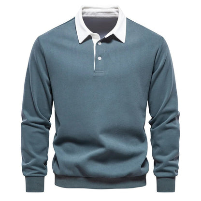 Blauer Herren-Pullover mit weißem Kragen, Langarm, klassisches Design, ideal für Freizeit und Büro, stilvolle Herrenmode.