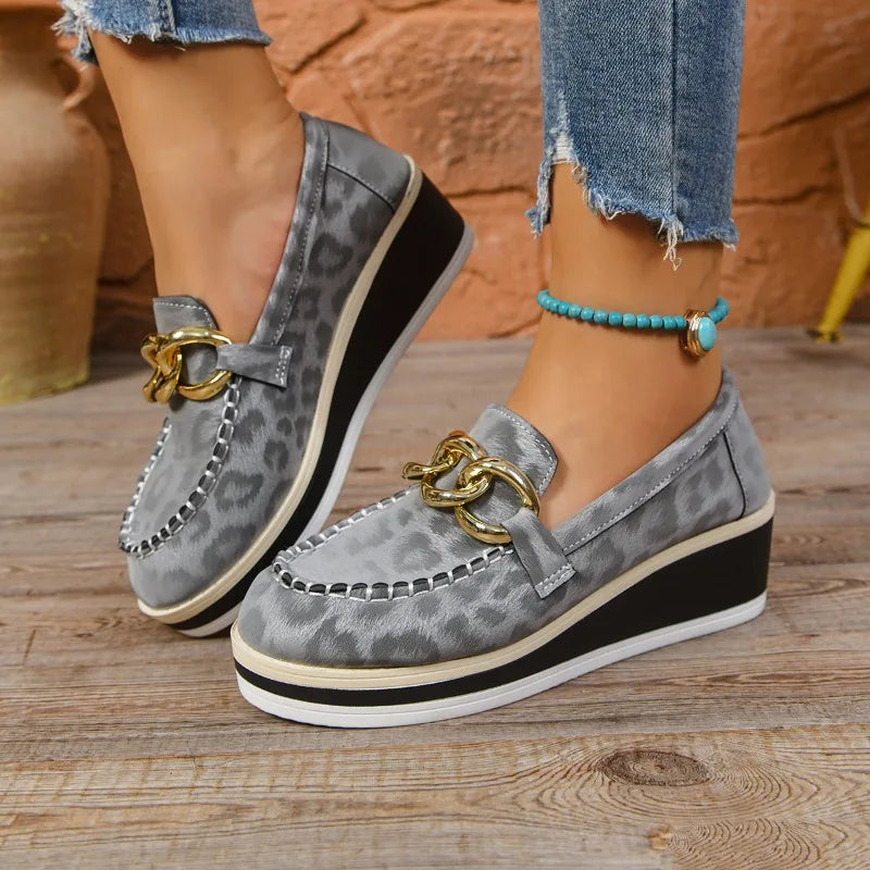 Women's Loafers Wedge Heel Orthopedic Padded Tone-on-Tone Leopard with Gold Details