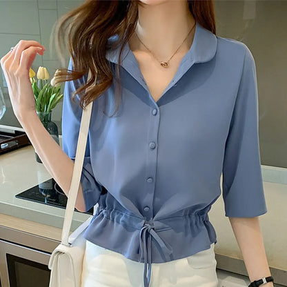 Women's Shirt Shiny Surface Button Placket Adjustable Tie Belt