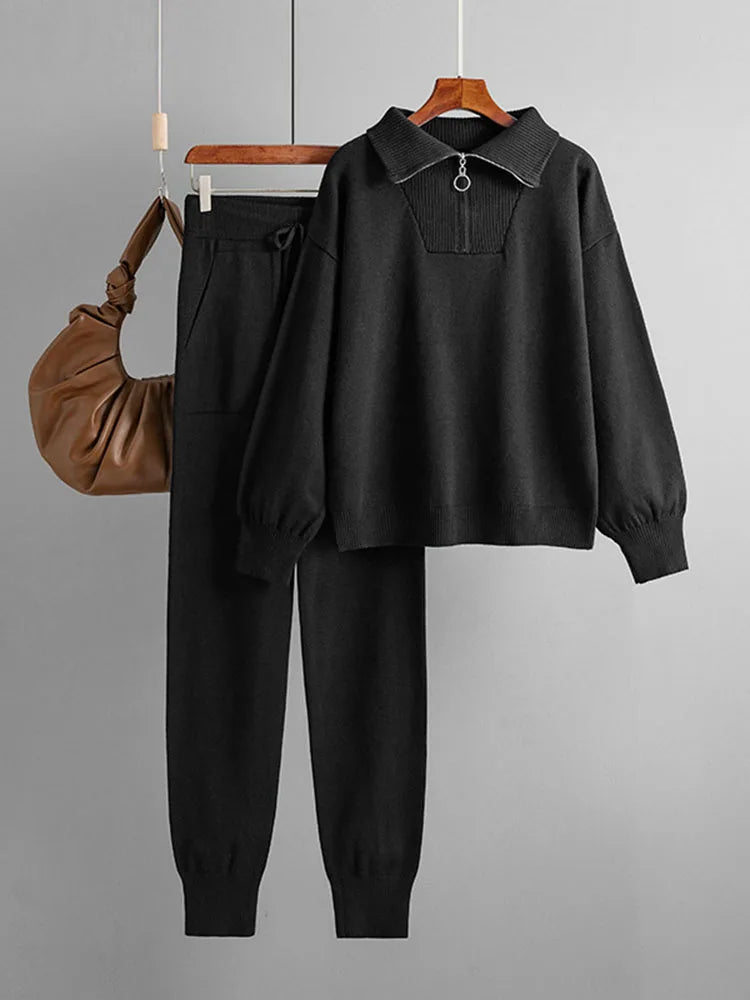 Women's Knit Loungewear Set with Zip Sweater and Tailored Jogging Pants
