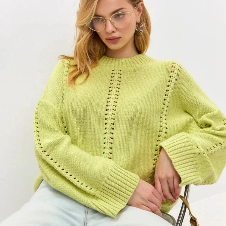 Women's Oversized Knit Sweater with Openwork Pattern, Crew Neck, Long Sleeves