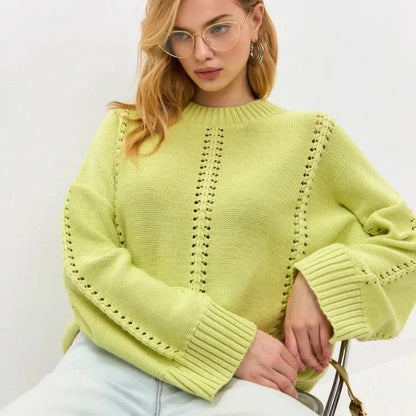 Women's Oversized Knit Sweater with Openwork Pattern, Crew Neck, Long Sleeves