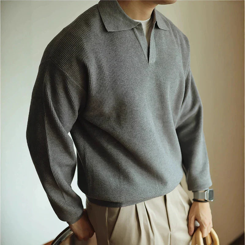 Men's Knit Polo Shirt Open Collar Ribbed Structure