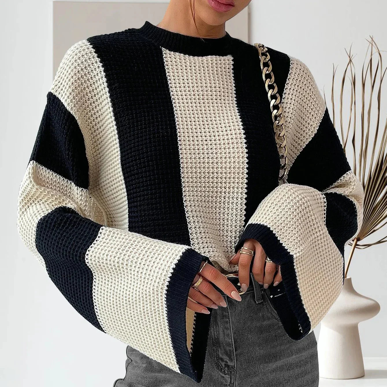 Women's Knit Sweater Crew Neck Dropped Shoulders Wide Sleeves Loose Fit – Everyday and Layering
