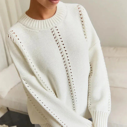 Women's Oversized Knit Sweater with Openwork Pattern, Crew Neck, Long Sleeves